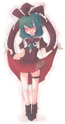 akihara_nakuru blush dress dress_lift female green_hair hair_ribbon kagiyama_hina pussy_juice ribbon short_hair solo touhou vibrator