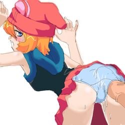 1girls 4chan artist_request dismay_(pokemon) female hoodie human human_only looking_back orange_hair outercourse panties penis penis_under_clothes pokemon presenting_hindquarters pussy_juice_drip skirt straight_hair uncensored