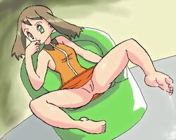 barefoot bottomless cum cum_on_body cum_on_feet cum_on_lower_body feet female female_only green_eyes human human_only lowres may_(pokemon) may_(pokemon_emerald) no_bandana no_panties pokemon pokemon_rse sitting sole soles solo spread_legs straight_hair toes uncensored