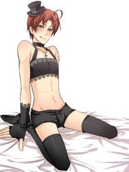 1boy :p antenna_hair artist_request bed bed_sheet beige_skin blush bulge color crossdressing femboy fingerless_gloves gloves hat human jewelry male male_only mini_top_hat necklace sheets short_hair solo thighhighs tongue top_hat trap yellow_eyes