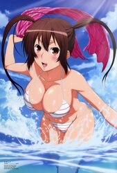 1girls bikini blush breasts brown_hair cleavage cloud female large_breasts leaning_forward musubi official_art open_mouth orange_eyes sarong sekirei side-tie_bikini sky solo splash splashing striped striped_bikini striped_swimsuit swimsuit tamaki_shingo tied_hair twintails wading water