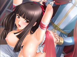 ass ass_grab bed big_breasts blush bondage breasts brown_eyes brown_hair cleavage costume doggy_style from_behind game_cg handcuffs hime_cut hime_to_boin huge_breasts lipstick nipples open_mouth princess_maple ribbon sano_toshihide sex skirt_lift sweat