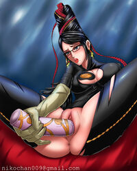 anus ass bayonetta bayonetta_(character) black_hair blue_eyes breasts cleavage cleavage_cutout clitoris dildo female glasses masturbation nikochan pussy pussy_juice sega spread_legs uncensored vagina