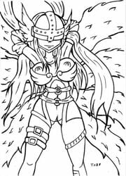 8_wings angewomon armor artist_request breasts digimon digimon_frontier female innocenttazlet long_hair monochrome monster_girl pussy solo uncensored vagina wings