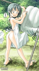 ! apron ass awatake_takahiro black_hair futanari grass laundry naked_apron outdoors outside sandals toes