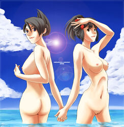 00s 2000s 2009 akosan ass beach breasts casual dawn_(pokemon) female female_only hand_holding hands highres holding_hands human human_only lens_flare marley_(pokemon) multiple_females multiple_girls nintendo nipples nude nudist ocean pale_skin pokemon pokemon_dppt pussy straight_hair uncensored