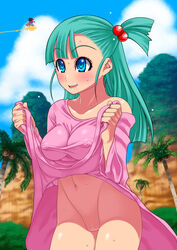 blue_eyes blue_hair blush bottomless bulma's_panty_flash bulma_briefs canonical_scene dragon_ball dress_lift erect_nipples_under_clothes female female_only flying_nimbus human no_panties skirt_lift straight_hair teenager