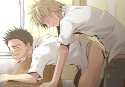 2boys anal artist_request bent_over blonde_hair blush bottomless bottomless_male brown_hair classroom closed_eyes crying cum cum_in_ass cum_inside desk doggy_style erection male male_only multiple_boys on_desk penis precum saliva school school_uniform schoolboy sex tears undressing uniform yaoi