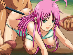 12cut ahoge blush breasts censored dark-skinned_male dark_skin female foursome gangbang green_eyes group_sex lala_satalin_deviluke large_breasts male mosaic_censoring nipples penis pink_hair sex straight swimsuit to_love-ru vaginal_penetration