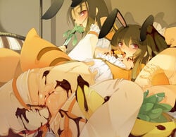 2girls animal_ear apple banana banana_in_mouth banana_in_pussy banana_insertion blush breasts brown_hair bunny_ear chocolate detached_sleeves female female_only food fruit insertion maruku multiple_girls nipples open_mouth pussy red_eyes thighhighs uncensored