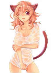 animal_ears breasts cat_ears cat_tail fangs guri_(bluedrop) large_breasts long_hair nipples original pink_eyes pink_hair see-through tail wet_clothes wet_shirt wink