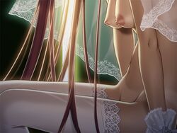 backlighting breasts bridal_veil bride close-up dark_hair female functionally_nude game_cg gloves head_out_of_frame ino izayoi_no_hanayome kiryuu_iyori lace lace-trimmed_thighhighs legwear long_hair nipples sitting tan tanline thighhighs veil white_legwear white_stockings