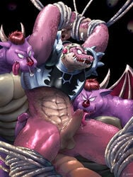 anthro archdemon_(dragon_quest) armor bound bound_arms bound_legs clothing crocodine dragon_quest dragon_quest_dai_no_daibouken flint_(artist) furry horns licking_penis long_tongue male male_only monster_request muscles muscular muscular_male no_humans oral_sex scalie sharp_teeth tail wings yaoi