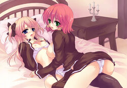 ass bed blonde_hair blue_eyes blush bow bra bra_pull breasts candle female flat_chest frottage garter_belt green_eyes hairbow highres huge_breasts kaji_(pixiv) kajo lingerie long_hair multiple_girls nipples panties pillow quiz_magic_academy red_hair ruquia school_uniform shalon short_hair short_twintails skirt skirt_lift skirt_pull thighhighs tied_hair twintails underwear yuri