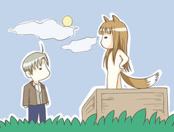 1boy 1girls barefoot brown_hair chibi clothing cmnf completely_nude completely_nude_female feet flat_chest holo kraft_lawrence long_hair lowres nude nude_female nudist ookamimimi outdoors outside spice_and_wolf tail wolf_ears zenra