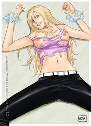 1girls angry azasuke belt blonde_hair bondage bound bound_wrists breasts clenched_teeth exposed exposed_breasts female from_above ice ice_bondage julia_dragoon leather long_hair lying midriff navel nipples no_bra on_back pants rave rave_master restrained solo spread_legs stuck_in_ice sweat tank_top torn_clothes torn_topwear yellow_eyes