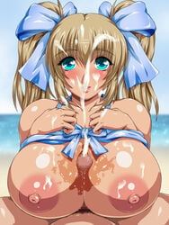 alternate_costume areola areolae blonde_hair blush breasts censored cum cum_on_body cum_on_breasts cum_on_face cum_on_hair cum_on_upper_body ejaculation ejaculation_between_breasts facial female green_eyes huge_breasts large_breasts male nipples paizuri penis ribbon straight water_beryl