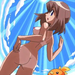 1girls artist_request ass breasts female human human_only looking_back low-angle_view lowres may_(pokemon) nude pointy_chin pokemon pokemon_rse sideboob straight_hair tan tanline torchic uncensored