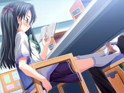 black_hair book censored dark_hair feet female footjob footjob_with_legwear footwear glasses long_hair male osananajimi_wa_bed_yakuza! penis reading school_uniform sitting skirt sockjob socks toes under_the_table