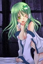 breasts detached_sleeves frog fusuke green_hair mishaguji nipples pussy_juice sanae_kochiya short_hair snake touhou wince wink yellow_eyes