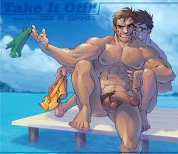 2boys bara highres island male male_only mosaic_censoring multiple_boys muscle muscles nude penis pier sitting skinny_dipping speedo swim_trunks swimsuit_removed tai-ga toothpick undressing water yaoi