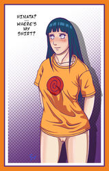 blush bottomless color dialogue english_text female female_only food fruit highres human hyuuga_hinata jakenova naruto pussy solo standing straight_hair t-shirt uncensored vagina white_eyes