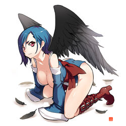 1girls black_wings blue_hair boots breasts cleavage detached_sleeves feathers female female_only highres japanese_clothes kneeling large_breasts meme50 memememe original pink_eyes short_hair sleeves_past_wrists smile solo wings