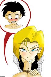 :&gt;= android_18 blonde_hair blue_eyes dragon_ball dragon_ball_z fellatio female green human krillin kuririn male oral penis straight