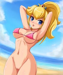 armpits arms_up bikini bottomless clothes female mario_(series) nintendo pointy_chin princess princess_peach royalty sigurdhosenfeld super_mario_sunshine tight_clothes video_games