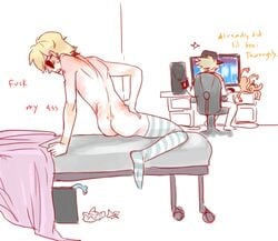 2boys after_anal artist_request baseball_cap blonde_hair bro_strider brothers computer dave_strider dialogue fingerless_gloves gay glasses homestuck incest male ms_paint_adventures naked on_bed open_mouth smuppets socks sunglasses text thighhighs thumbs_up tinted_eyewear white_background white_skin yaoi