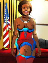 1girl 1girls african_american american_flag breasts breasts_out brown_eyes brown_hair chair corset curtains desk frilled_corset frilled_legwear frills michelle_obama oval_office pearl_necklace red_nails smile smiling thighhighs white_house white_teeth window