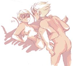 2boys artist_request ass dave_strider dirk_strider gesture homestuck imminent_sex incest male ms_paint_adventures naked nipples penis short_hair smile sunglasses text white_background white_hair white_skin yaoi