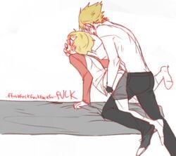 2boys anal artist_request artist_signature blonde_hair blush bro_strider closed_eyes clothing dave_strider dialogue dry_humping gay_incest gay_sex homestuck incest male ms_paint_adventures open_mouth short_hair text white_background white_skin yaoi