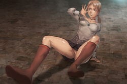 1girls blonde_hair boots breasts capcom demento female female_only fiona_belli haunting_ground no_panties ponytail skirt solo solo_female tagme upskirt