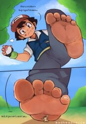 barefoot dialogue feet foot_fetish foot_focus game_freak macro macro_male madheadvoice nintendo pokemon satoshi_(pokemon) sequence stepped_on