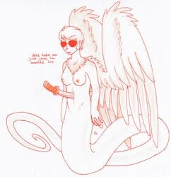 1girls breasts dave_strider davesprite dialogue feathers homestuck ms_paint_adventures naked nipples open_mouth pandemoniumincarnate rule_63 short_hair solo sprite sunglasses sword tail text white_background white_hair white_skin wings