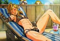 abs ai_art ai_generated almond_eyes bare_legs bare_shoulders bare_thighs black_lipstick black_nails blue_eyes bra crossdressing drooling earrings exhibitionism female_supporting_crossdressing femboy feminine_male feminization girly girly_boy golden_hair hylian hylian_ears link link_(breath_of_the_wild) link_(tears_of_the_kingdom) long_nails luxica novelai princess_zelda purah_(tears_of_the_kingdom) rauru's_arm sissy sleeping spying summer sun sunbathing sunlight sweat tan tan_body the_legend_of_zelda trap twink uncensored underwear voyeur voyeurism