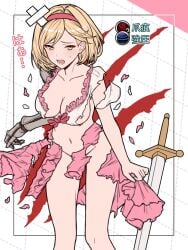 1girls big_breasts blonde blonde-haired_female blonde_female blonde_hair blush breasts brown_eyes djeeta_(fighter) djeeta_(granblue_fantasy) dress female gameplay_mechanics granblue_fantasy large_breasts ll_0109 navel pink_dress short_hair torn_clothes torn_clothing torn_dress