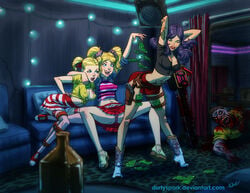 3girls abraham_lopez blonde_hair blue_eyes candi_stryper cleavage clothing crossover durtyspork female human juliet_starling lap_dance licking_lips lollipop_chainsaw multiple_females nipples panties purple_hair skirt stripper the_house_of_the_dead upskirt varla_guns voluptuous yuri zombie