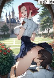 1boy 1girls ai_generated code_geass cunnilingus hi_res highres kallen_stadtfeld lelouch_lamperouge looking_at_viewer ntrkage stealth_cunnilingus thick_thighs