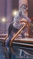 3d 3d_(artwork) anthro ass backsack balls blender exhibitionism flaccid foreskin looking_at_viewer looking_back male male_focus male_only mammal mammal_humanoid muscular muscular_male nude nude_male pool skinny_dipping solo solo_male strikefrommidnight tail testicles zebra