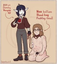 1boy 1girls bite_mark black_hair blood blood_on_face blue_eyes bondage cage caged caged_cock chastity chastity_cage chastity_device collar dominant_female drinking fat_male female female_domination femdom glasses kepchuk kneeling male malesub muzzle_(object) orange_hair pale-skinned_female pale_skin red_eyes scar scars_all_over sitting_on_floor smiling standing submissive_male text text_bubble vampire vampire_girl ych