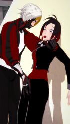 1boy 1girls black_hair black_hair_female blonde_hair clothed_female clothed_male fingering_pussy fingering_through_clothes jaune_arc littlered-rose mixed_hair_color red_highlights ruby_rose rwby silver_eyes white_hair