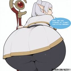 1girls ai_generated ass ass_focus bent_over capelet comic comic_page earrings elf english_text frieren frieren_beyond_journey's_end from_behind green_eyes haze911 holding huge_ass jewelry long_hair looking_back pantyhose pointy_ears solo speech_bubble staff stark_(sousou_no_frieren) teasing thick_thighs twintails white_capelet