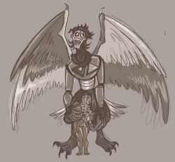 anon before_sex big_hands bird_humanoid bird_legs deltarune drooling feathers letttusse oc_x_canon self_insert size_difference slimy slimy_cock spamton_g_spamton spamton_neo tentacle tentacle_penis wings y/n you