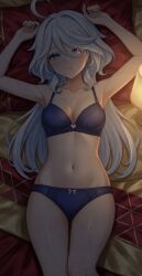 absurdres ai_generated arms_above_head arms_behind_head arms_up bare_legs bare_shoulders bed bedroom bedside_lamp blue_eyes blue_hair bow bra cleavage curvy dark_blue_bra dark_blue_eyes dark_blue_panties deep_cleavage detailed_clothing detailed_eyes detailed_face detailed_hair fabric_texture fanart female frills furina_(genshin_impact) genshin_impact glossy_skin half-closed_eyes heterochromia highres hourglass_figure huge_breasts indoor intimate lace lace_lingerie lace_panties large_breasts light_blue_hair lingerie long_hair looking_at_viewer lying messy_bed mismatched_eyes navel off_shoulder on_back panties pillow red_blanket red_sheets relaxed ribbon rumpled_sheets seductive see-through sheer_fabric sheer_thighhighs shiny_fabric sleepy slight_blush slim_waist soft_lighting solo strap_slip stretched teasing thick_thighs thighhighs tired_expression translucent_fabric warm_lighting wavy_hair white_thighhighs wide_hips