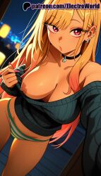 1girls 2025 ai_generated artist_name black_choker blonde_hair blurry breasts bust chest choker earrings electroworld exposed_nipples female hi_res high_quality high_resolution highres jewelry kitagawa_marin long_hair my_dress_up_darling nipples nipples_outside one_breast_out panties patreon patreon_username piercing reaching_out selfie solo sono_bisque_doll_wa_koi_wo_suru stable_diffusion striped striped_panties sweater underwear watermark