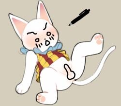 ambiguous_gender animal_crossing anthro binkybnuuy blanca_(animal_crossing) blush chibi clothed clothing domestic_cat drawing_on_body embarrassed felid feline felis fur male mammal nintendo null partially_clothed pawpads presenting presenting_crotch solo spread_legs spreading white_body white_fur