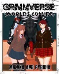 1monster 2girls 3d arrancon beacon_academy_uniform brown_hair brown_hair_female clothed_female cover_page crossover doki_doki_literature_club green_eyes grimm_(rwby) grimmverse height_difference monika_(doki_doki_literature_club) monster monster_cock monster_on_female ponytail pyrrha_nikos red_hair red_hair_female rwby school school_uniform