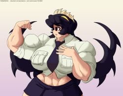 abs alternate_muscle_size breasts filia_(skullgirls) flexing looking_surprised muscular_female pandatarius samson_(skullgirls) skullgirls tie